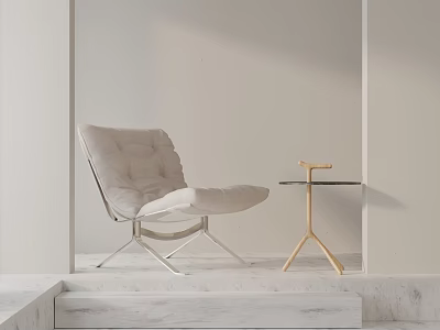 Modern Minimalist Upholstered Leisure Chair With Metal Frame And Wooden Side Table On Marble Floor 3d model