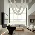 Modern Living Dining Room With Sofa Coffee Table Chandelier And Large Windows