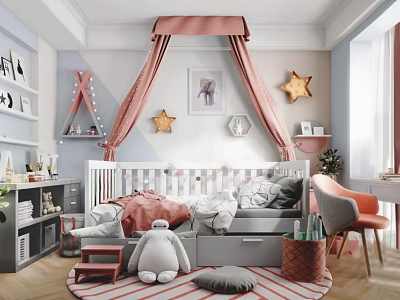 Cozy Kids Room Interior Design With Pink Canopy Crib Star Decorations And Blue Pink Walls 3d model