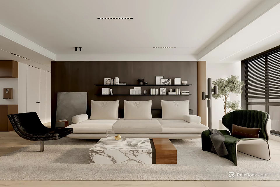 Modern Living Room With White Sofa Coffee Table Dark Wooden Shelves And Decor Items 3d model 
