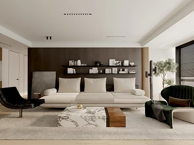 Modern Living Room With White Sofa Coffee Table Dark Wooden Shelves And Decor Items 3d model