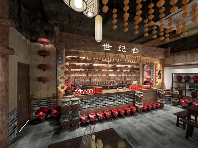 Traditional Chinese Century Fragrance Store Interior With Lanterns Clay Pots And Wooden Shelves 3d model
