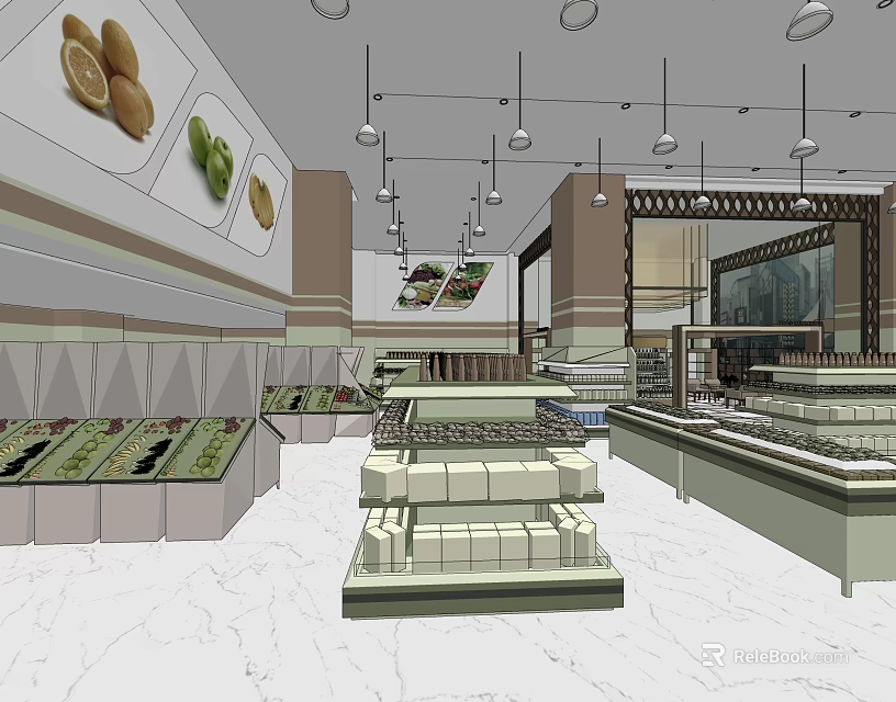 Grocery Supermarket Interior With Fresh Produce Displays Shelves And Organized Sections 3d model 