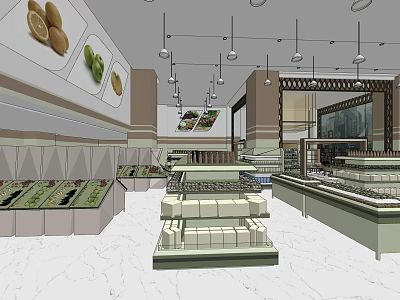 Grocery Supermarket Interior With Fresh Produce Displays Shelves And Organized Sections 3d model