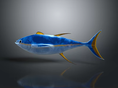 Vibrant Blue Marine Fish With Yellow Fins And Tail On Gray Background With Reflection 3d model