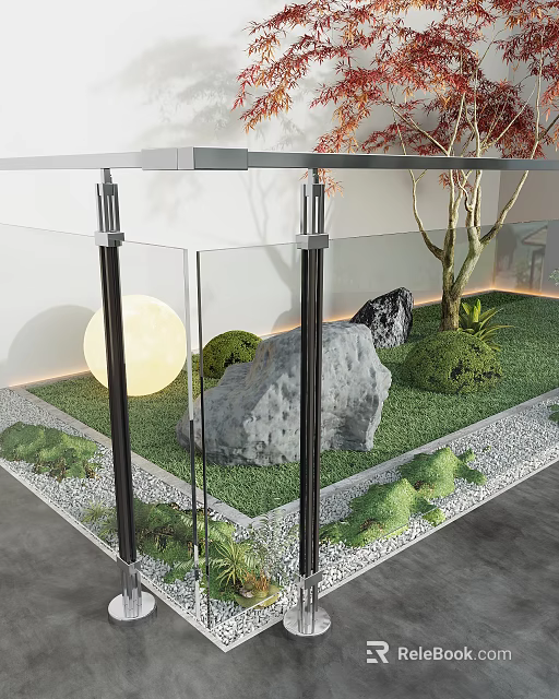 Glass Fence in Courtyard With Grass Lawn Large Rock Small Tree Moon Decoration And Pebbles 3d model 