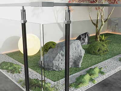 Glass Fence in Courtyard With Grass Lawn Large Rock Small Tree Moon Decoration And Pebbles 3d model