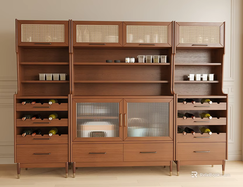Modern Wooden Sideboard With Glass Doors Open Shelves Drawers And Wine Racks 3d model 