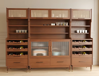 Modern Wooden Sideboard With Glass Doors Open Shelves Drawers And Wine Racks 3d model