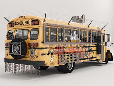 Yellow School Bus With Graffiti Metal Mesh Windows Barbed Wire And Chains 3d model