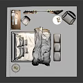Cartoon Bedroom Scene With Wooden Wall Panels Bed Desk Chair Gray Armchair And Window Curtains