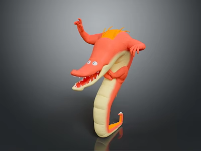 Red Cartoon Style Reptile Crocodile Featuring Orange Mane Long Tail Open Mouth And Sharp Teeth 3d model