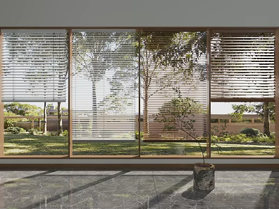 Window Blinds On Window With Indoor View Of Outdoor Garden Trees And Natural Light 3d model