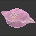 Pink Covered Serving Bowl With Decorative Yellow Flowers Green Leaves And Wing Shaped Handles