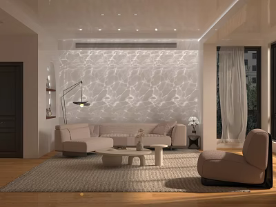 Modern Living Room Interior With Marble Textured Wall Light Sofa And Coffee Table 3d model