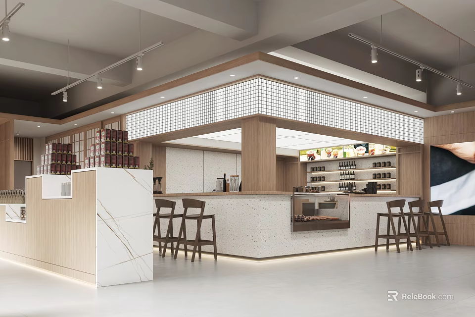 Contemporary Restaurant Interior Featuring Wooden Bar Counter Marble Top Wine Racks And Bar Stools 3d model 