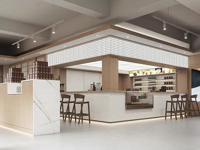 Contemporary Restaurant Interior Featuring Wooden Bar Counter Marble Top Wine Racks And Bar Stools 3d model