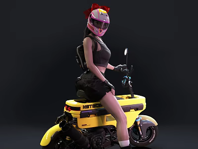 A woman sitting on yellow motor scooter wearing pink helmet and black vest 3d model