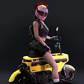 A woman sitting on yellow motor scooter wearing pink helmet and black vest