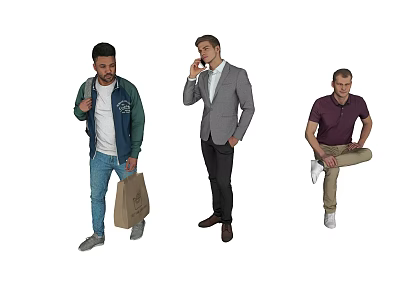 Group of Men in Various Attires and Poses Including Casual Jacket Suit and Shirt 3d model