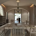 Serene Interior Space With Arched Doorway Fireplace Wooden Chair And Green Plant