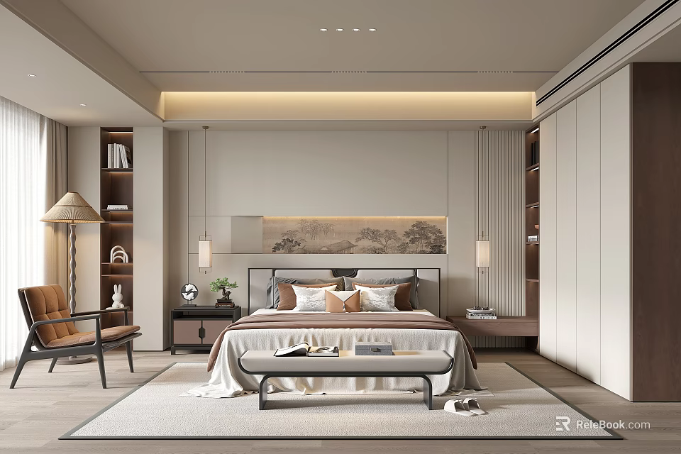 Modern Bedroom Interior Design With Bedside Tables Hanging Lamps And Decorative Painting 3d model 