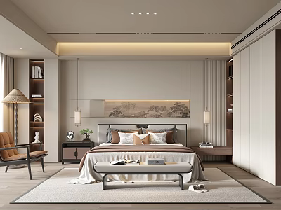 Modern Bedroom Interior Design With Bedside Tables Hanging Lamps And Decorative Painting 3d model