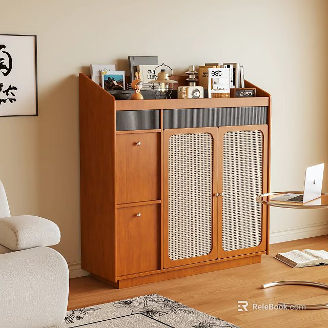 Wooden Storage Cabinet With Woven Doors And Decorative Items In Living Room 3d model 