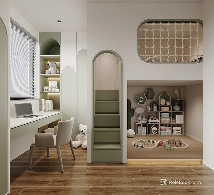 Modern Green Kids Room With Staircase Play Area And Study Desk 3d model 