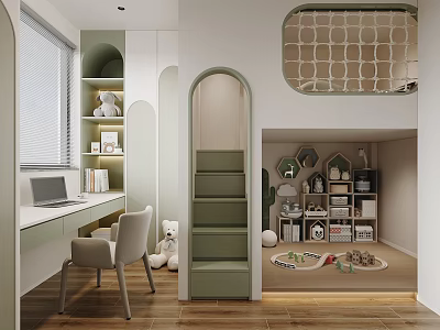 Modern Green Kids Room With Staircase Play Area And Study Desk 3d model