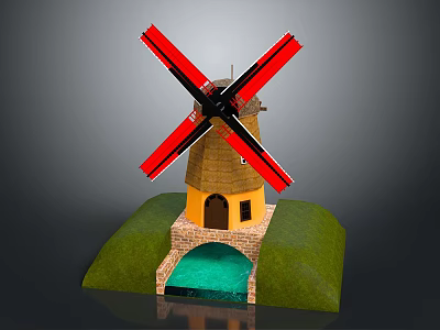 Windmill Model With Red Blades Black Center Yellow Tower Brown Roof Green Grass Blue Water 3d model