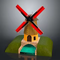 Windmill Model With Red Blades Black Center Yellow Tower Brown Roof Green Grass Blue Water