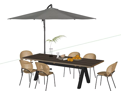 Outdoor Landscape Seating Area Featuring Wooden Table Rattan Chairs Umbrella and Oranges on Table 3d model