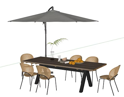 Outdoor Landscape Seating Area Featuring Wooden Table Rattan Chairs Umbrella and Oranges on Table 3d model