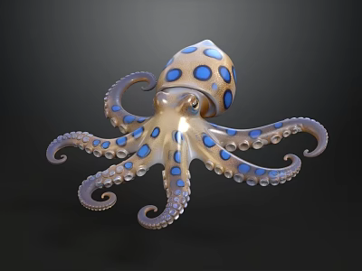 Realistic Octopus Figure With Blue Spots And Curled Tentacles On Black Background 3d model