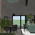 Cafe Interior With Warm Lighting Hanging Plants Green Bar Stools And Shelves With Jars