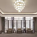 Elegant Hotel Public Lounge With Modern Chandelier Large Windows And Comfortable Sofas 3d model