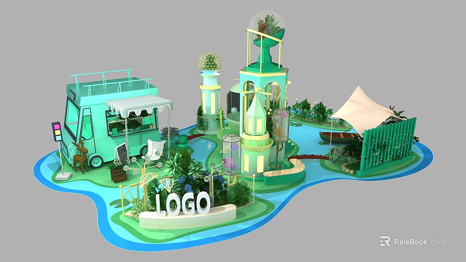 Green Themed Outdoor Event Setup With Food Truck LOGO Sign Water Feature Tent And Plants 3d model 