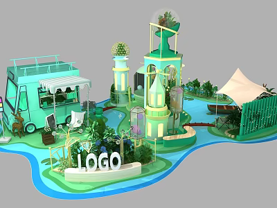 Green Themed Outdoor Event Setup With Food Truck LOGO Sign Water Feature Tent And Plants 3d model