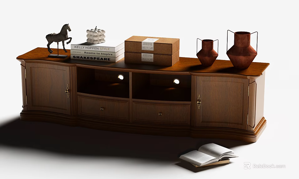 Classic Brown Wooden TV Cabinet with Drawers Cabinets Horse Figurine Books and Clay Vases 3d model 