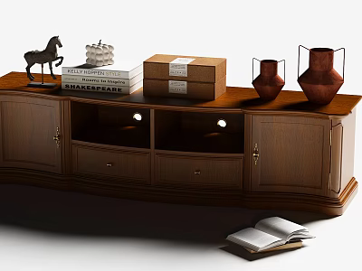 Classic Brown Wooden TV Cabinet with Drawers Cabinets Horse Figurine Books and Clay Vases 3d model
