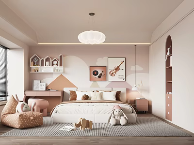 Cozy Kids Bedroom With Cloud House Decor White Pendant Light Plush Toys And Pink Chair 3d model