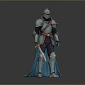 A Man Wearing Medieval Blue Armor With Red Belt And Cloak Holding Sword