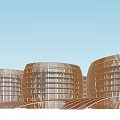 Coconut Shell Shaped Structures With Grid Texture And Blue Top Pools Arranged In Green Area
