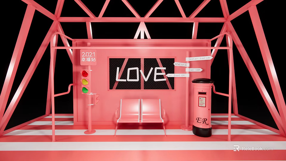 Pink Themed Window Display Featuring LOVE Sign Traffic Light Bench Mailbox And 2024 HER Elements 3d model 