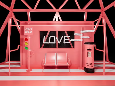 Pink Themed Window Display Featuring LOVE Sign Traffic Light Bench Mailbox And 2024 HER Elements 3d model