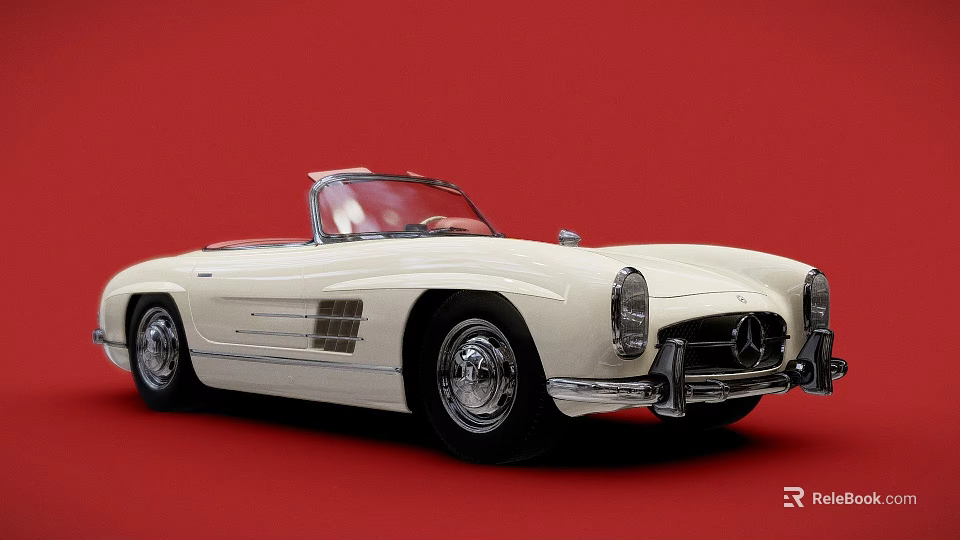 Classic White Mercedes Benz Convertible Car On Red Background With Vintage Design 3d model 