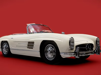 Classic White Mercedes Benz Convertible Car On Red Background With Vintage Design 3d model