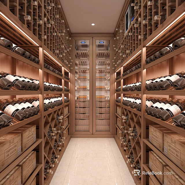 Elegant Wine Cellar Interior Design With Wooden Racks And Neatly Arranged Wine Bottles 3d model 