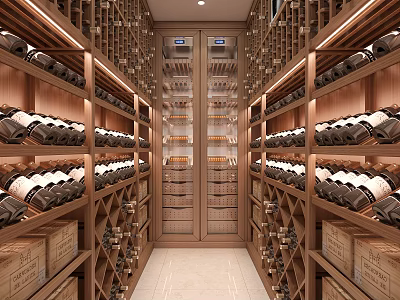 Elegant Wine Cellar Interior Design With Wooden Racks And Neatly Arranged Wine Bottles 3d model